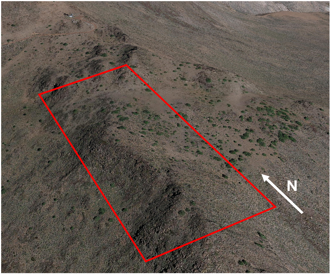 Topography of the area of study. A ridge divides the area between an eastern-facing side a relatively gentle slope and a western-facing side with a steep slope even becoming a precipice in some spots