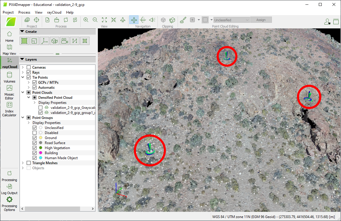 Ground control points (GCPs) will show as blue/green markers in the rayCloud editor once they have been loaded and optimized with the point cloud