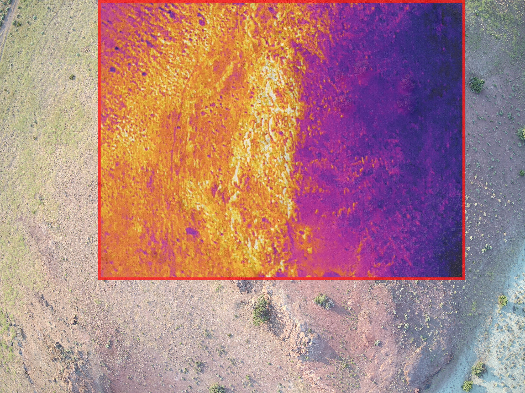 The field of view is typically smaller for thermal cameras compared to visual cameras. This overlay - while not perfect - aims to show the difference between a visual and thermal photo taken right after one another, to illustrate the difference in the area covered